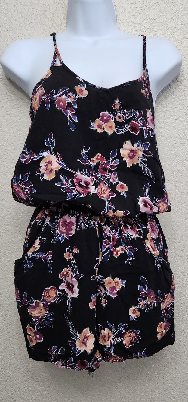 Pink Rose Black Pink Floral Spaghetti Straps Racerback Romper Small Flowy Soft
